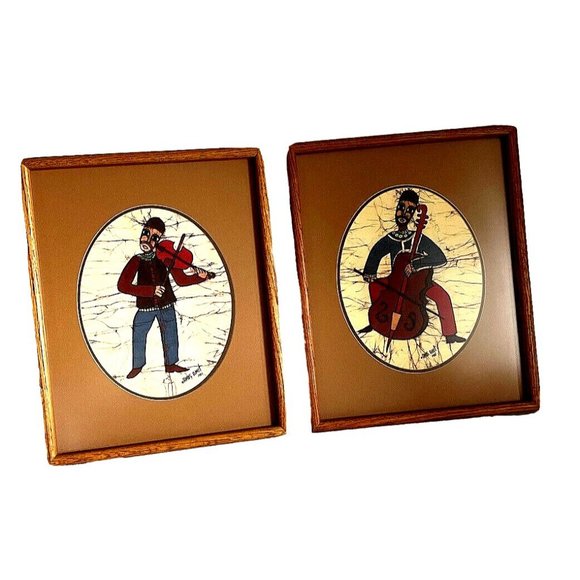 AMOS AMIT FIDDLER JUDAIC Batik Signed Painting 1981 Oval Mat Framed -Priced Each - Picture 2 of 12